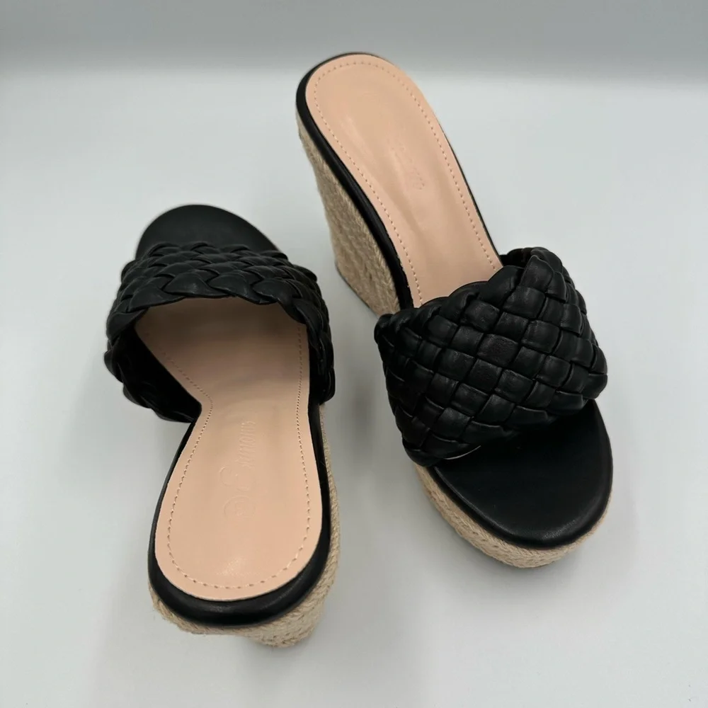 Black & Cream Braided Wedge Espadrille Platform Slides | Size 8 Summer Shoes